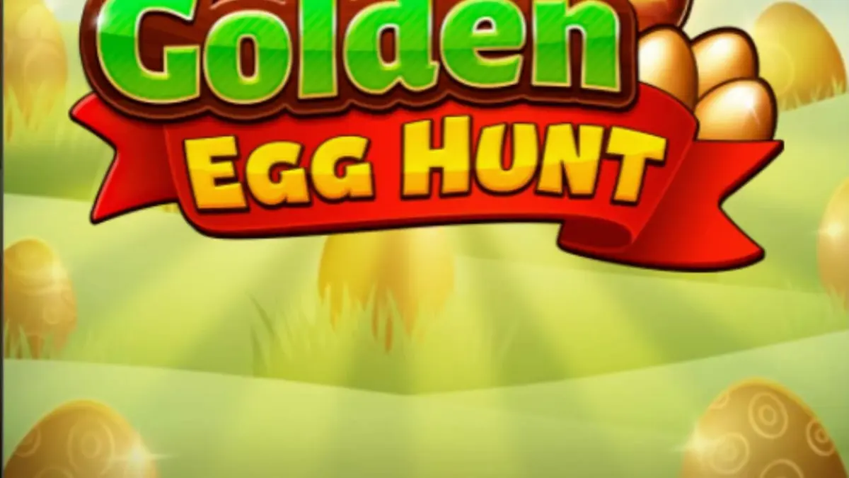 Tangkapan layar dari game slot Golden Egg Hunt dengan simbol telur emas, kelinci, dan wortel di padang rumput musim semi.