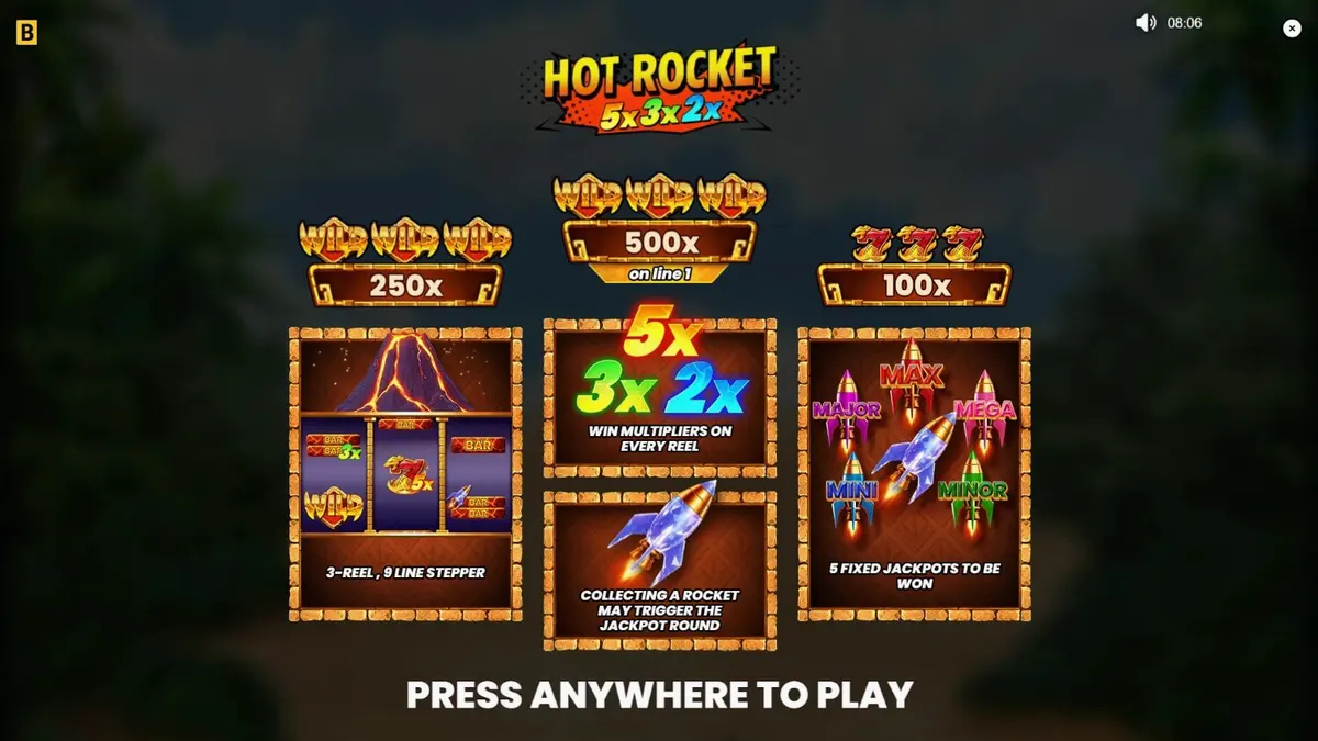Tampilan visual slot Hot Rocket 5x 3x 2x dengan latar belakang gunung berapi