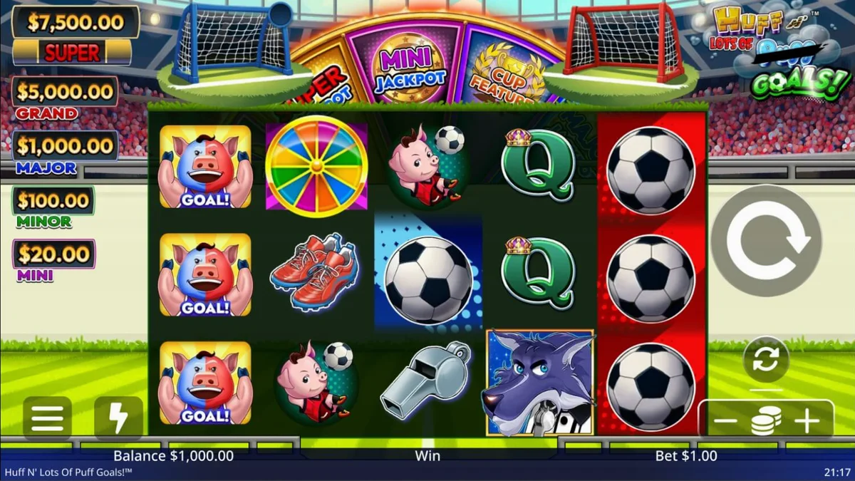 Tiga babi kecil dalam kostum sepak bola di lapangan stadion dalam slot Huff N Lots of Goals