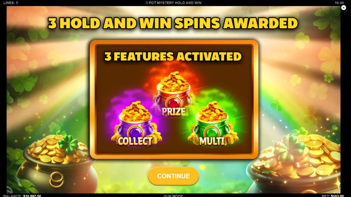 Tampilan visual slot 3 Pot Mystery Hold and Win dengan tema emas dan harta karun