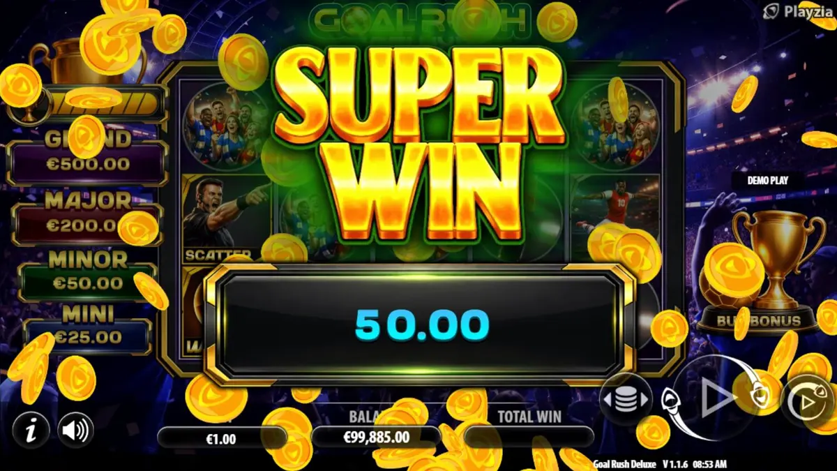 Tampilan visual slot Goal Rush Deluxe Hold and Win dengan tema stadion sepak bola.