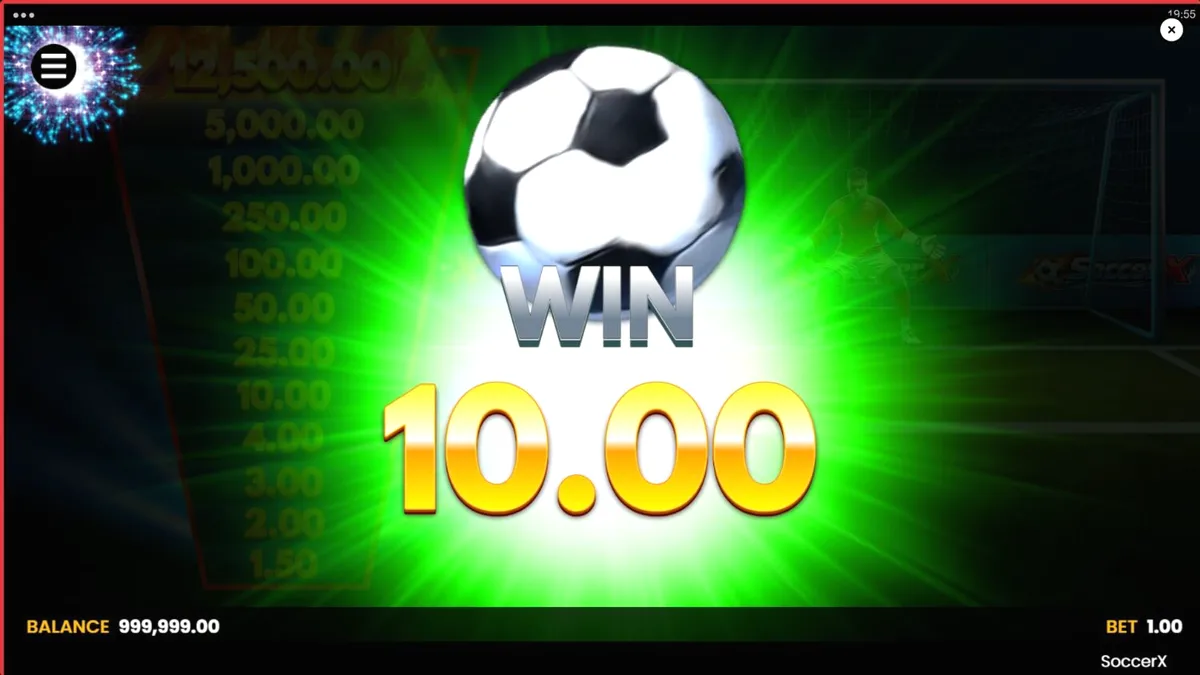 Tampilan visual permainan slot SoccerX dengan latar belakang stadion sepak bola