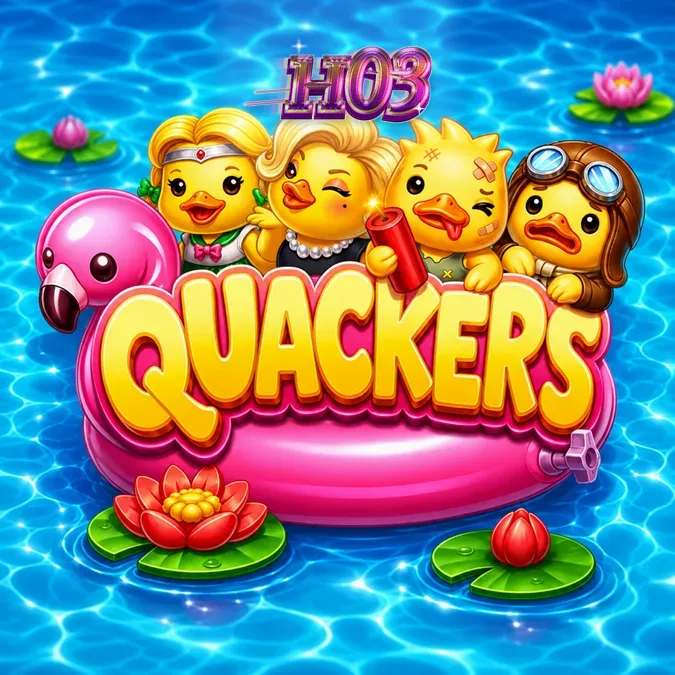 Tangkapan layar permainan slot Quackers dengan bebek kartun dan simbol bertema kolam renang.